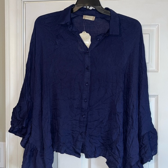 M altar'd state cape blouse womens shirt navy blue button up rayon collar $59 - Picture 2 of 9